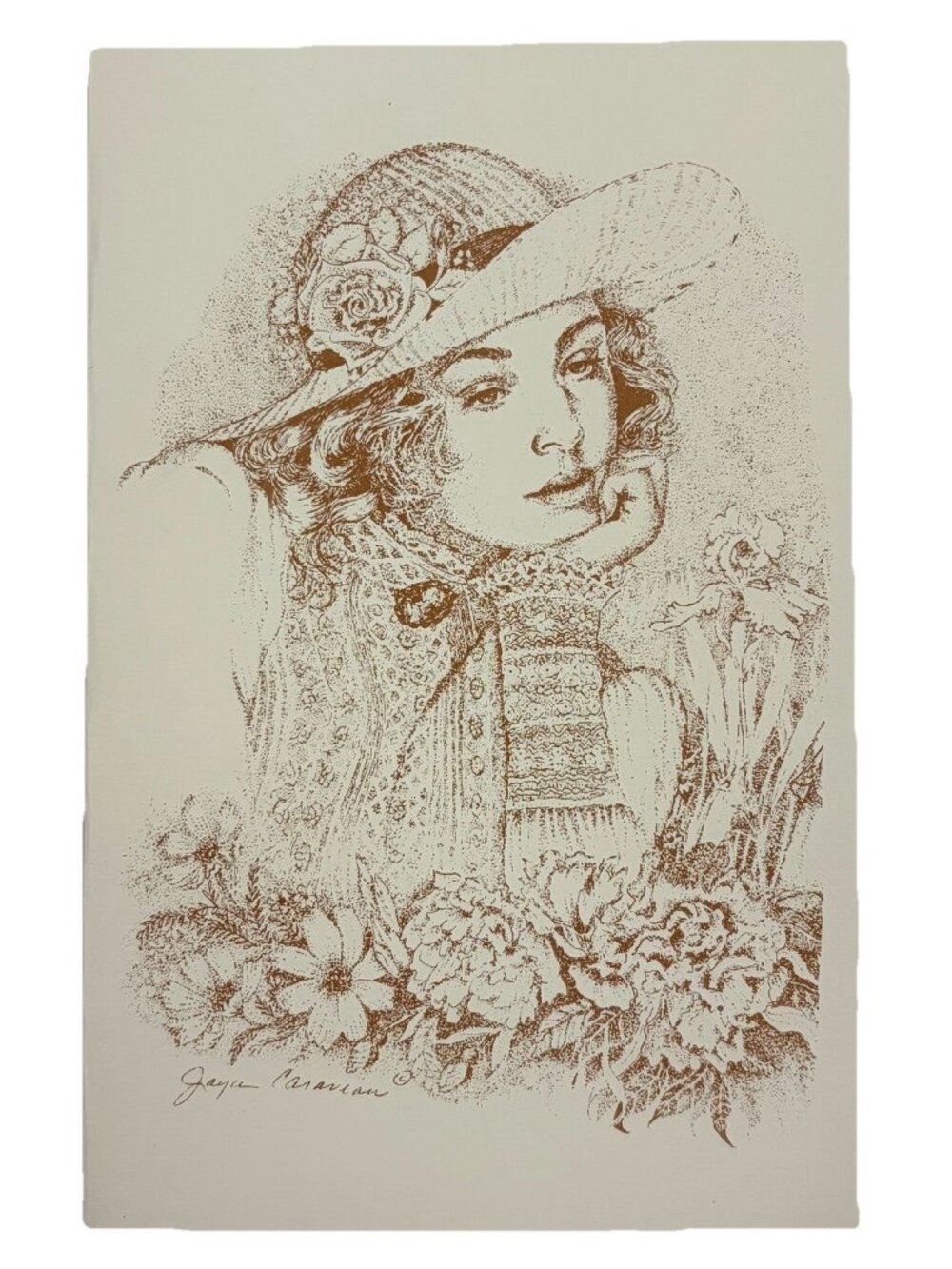 Vintage Portrait Sketch Of Woman w/ Hat & Flowers Victorian Lady Print 5.5x8.5”
